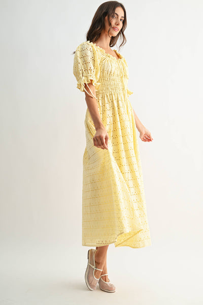 Eyelet Maxi Dress with Smocked Bodice Puff Sleeves: LT.YELLOW - Lulu Bella Boutique