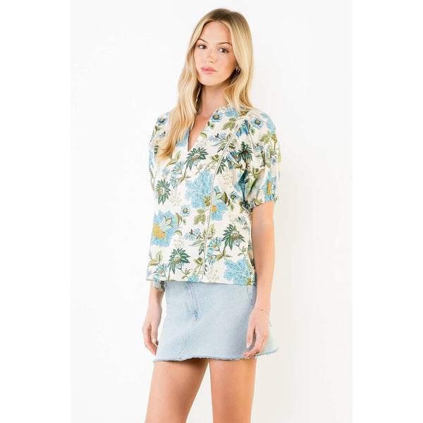 Short Sleeve Floral Lace Trim Top: CREAM / XS-S-M-L(1-2-2-1) - Lulu Bella Boutique