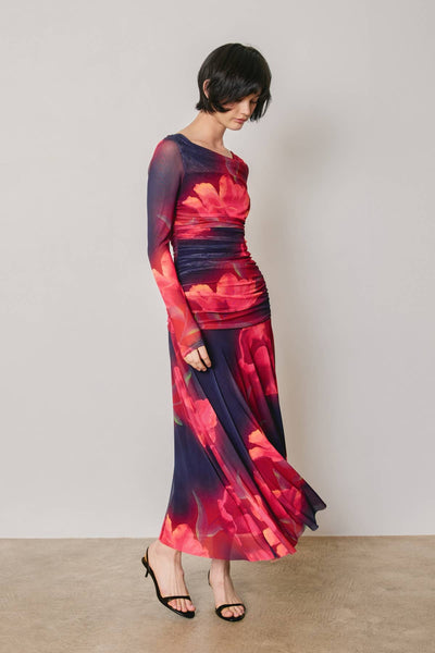 Floral Mesh Ruched Maxi Dress: PLUM ROSE