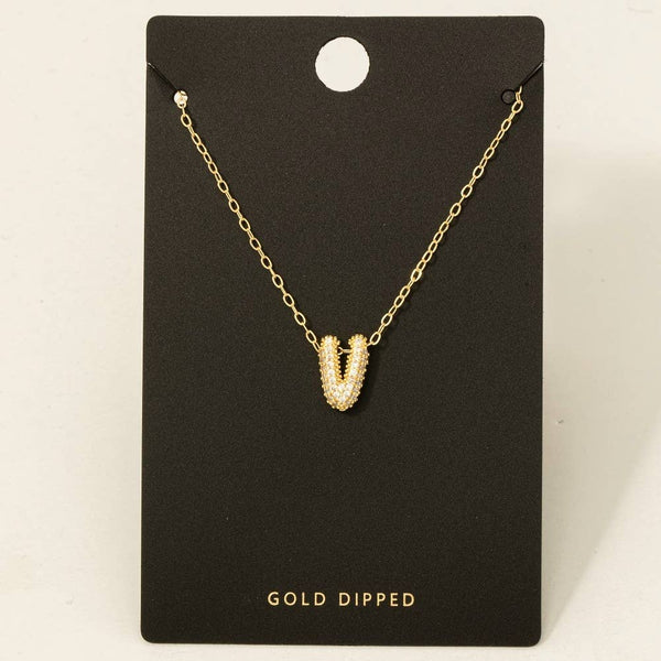 Gold Dipped Cz Pave Bubble Letter Pendant Necklace: R - Lulu Bella Boutique