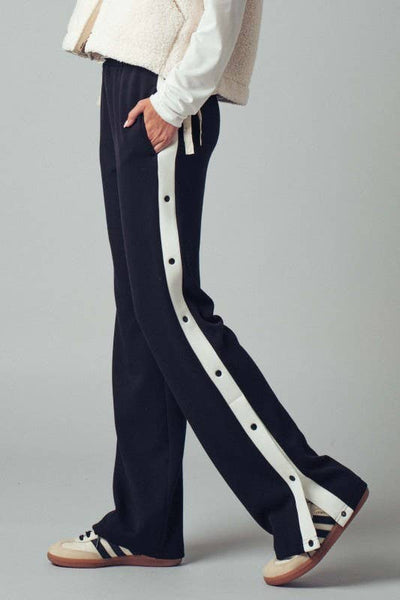 Snap Button Contrast Stripe Track Pants: BLACK