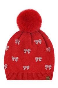 C.C Allover Rhinestone Mini Bow Pom Beanie: Red