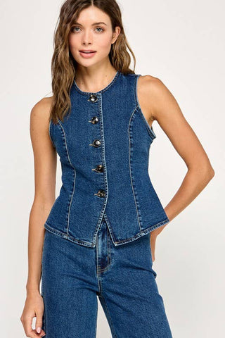 FITTED BUTTON FRONT DENIM TOP: Denim Blue / S - Lulu Bella Boutique