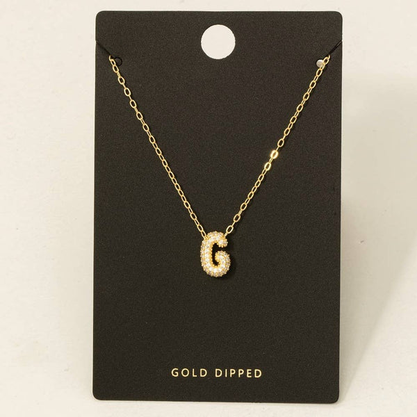 Gold Dipped Cz Pave Bubble Letter Pendant Necklace: R - Lulu Bella Boutique