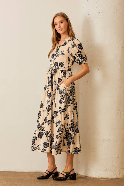 FLORAL PRINT BUTTON FRONT TIERED MAXI DRESS: CREAM MULTI / XL