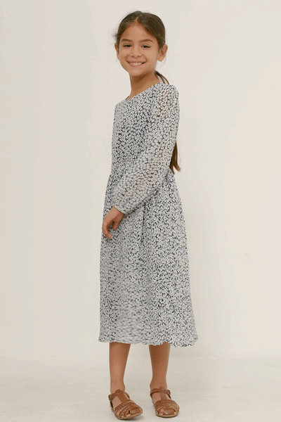 Girls Long Sleeve Ditsy Floral Pleated Skirt Dress: Navy