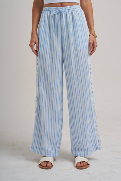 CASUAL PANTS WITH DELICATE RIBBON TRIM ON THE SIDE: VINTAGE BLUE / S-M-L(2-2-2) - Lulu Bella Boutique