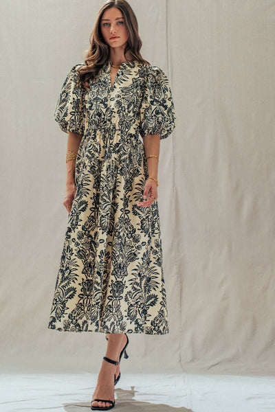 Botanical Puff Sleeve Cotton Midi Dress: IVORY BLACK / S-M-L:2-2-2 - Lulu Bella Boutique