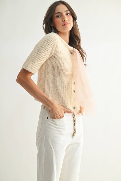 KNIT CARDIGAN WITH CHIFFON BOW - SAND