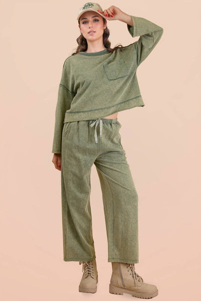 Mineral Washed Casual Knit Top & Pants Set: SAGE