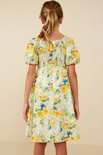 Girls Garden Floral Print Puff Sleeve Dress: Yellow / S - Lulu Bella Boutique