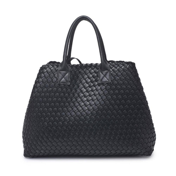 Ithaca Woven Vegan Leather Tote: Black - Lulu Bella Boutique