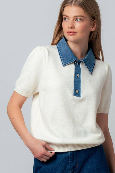 Contrast Denim Collar Knit Sweater Top: IVORY BLUE / S-M-L:2-2-2 - Lulu Bella Boutique