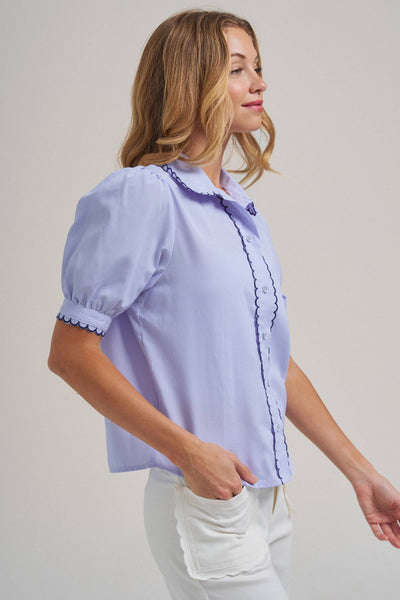PIN STRIPE BLOUSE TOP WITH SCALLOP EDGE STITCHING DETAIL: BLUE/IVORY / S-M-L(2-2-2) - Lulu Bella Boutique