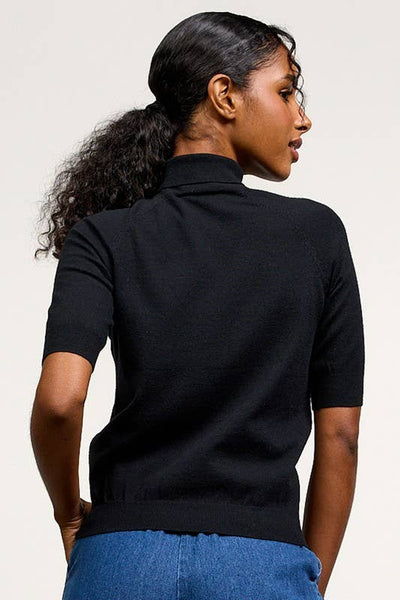 Mock Neck Half Sleeve Knit Top: Black