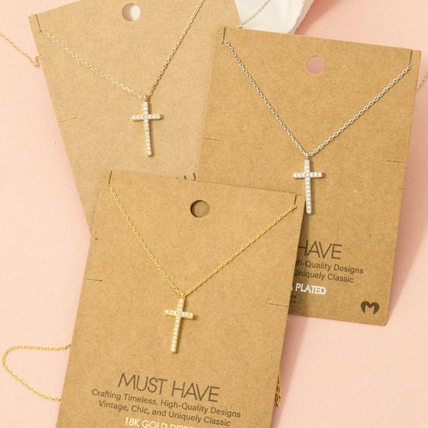 Gold Dipped Cz Pave Cross Pendant Necklace: G - Lulu Bella Boutique