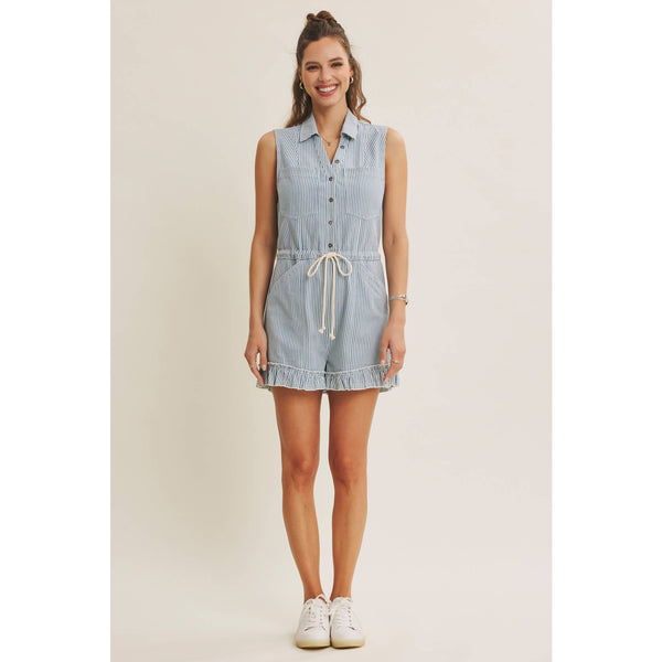 SUN-FILLED DAYS BREEZY COTTON STRIPE BUTTON-FRONT ROMPER: LT. BLUE / S - Lulu Bella Boutique