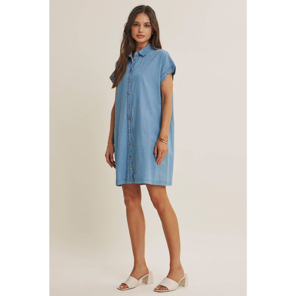 COFFEE RUN WASHED DENIM MINI SHIRT DRESS WITH SCALLOP DETAIL: LT. DENIM / S - Lulu Bella Boutique