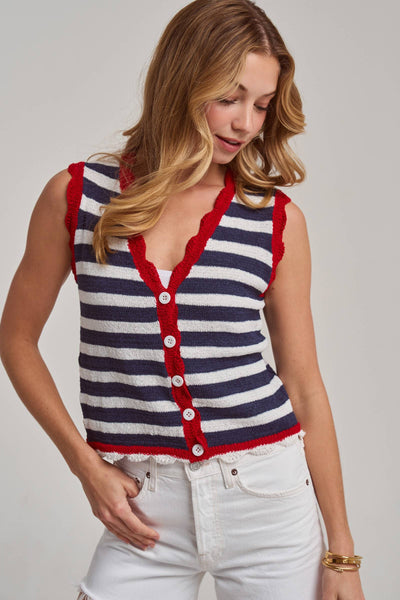 STRIPED SLEEVELESS 4TH OF JULY SWEATER VEST TOP: NAVY/IVORY/RED / S-M-L(2-2-2) - Lulu Bella Boutique