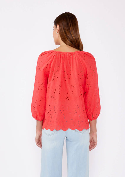 Raglan Long Sleeve Blouse with Floral Eyelet Details: Coral / S