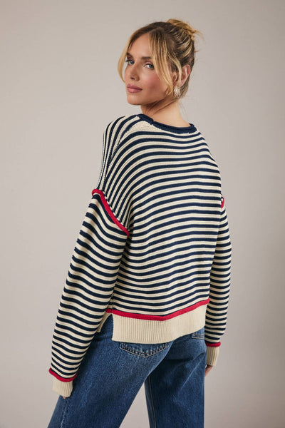 ROLL UP NECK LONG SLEEVE STRIPE SWEATER TOP: CREAM-NAVY STRIPE