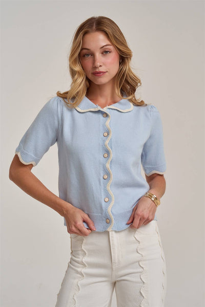 SCALLOPED BUTTON FRONT CARDIGAN WITH PETER PAN COLLAR: BLUE/IVORY / S-M-L(2-2-2) - Lulu Bella Boutique