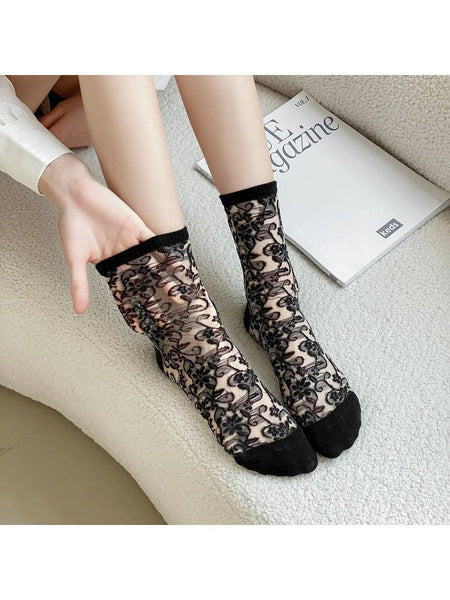 Vintage Floral Sheer Crew Socks: Black