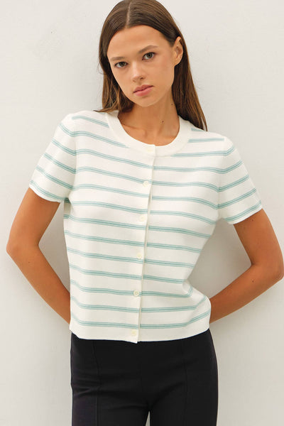 STRIPED SHORT SLEEVE CARDIGAN: SEAFOAM - Lulu Bella Boutique
