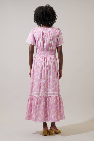 Daney Floral Ordy Smocked Midi Dress: PINK-CREAM / XS - Lulu Bella Boutique