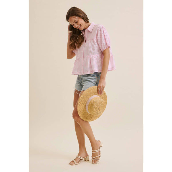TEXTURED STRIPE OVERSIZED SHIRT WITH CONTRAST STITCHING: PINK / S - Lulu Bella Boutique