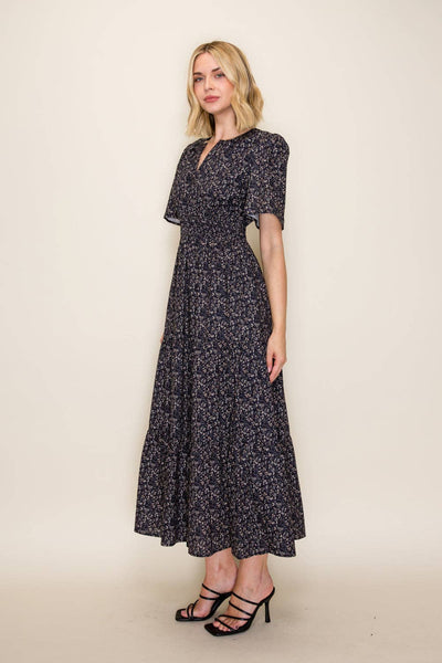 Ditsy Floral Flutter Sleeve Midi Dress: Navy / S - Lulu Bella Boutique