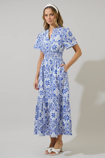 Arbor Floral Belraj Poplin Maxi Dress: WHT-BLUES-COMBO / XS - Lulu Bella Boutique