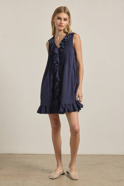Ruffle Trim Pintuck Dress with Slip Lining - RD1276: NAVY / S-M-L (3-2-1) - Lulu Bella Boutique
