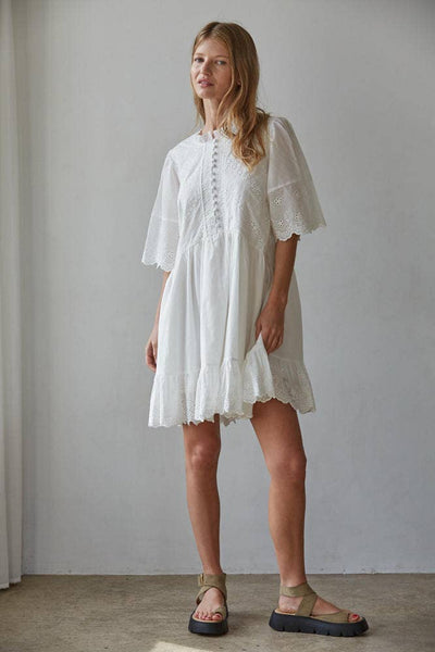 L9164 | Woven Cotton Eyelet with Embroidery Detailed Mini : White / S - Lulu Bella Boutique