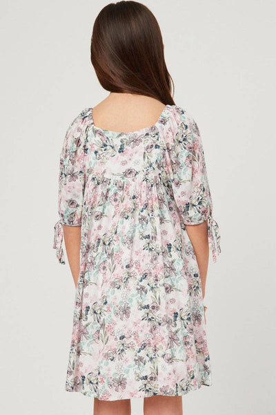 Girls Antique Floral Tie Sleeve Square Neck Dress: Pink