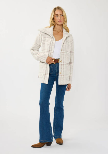 Plaid Button-Up Sweater Jacket: CREAM/TAUPE