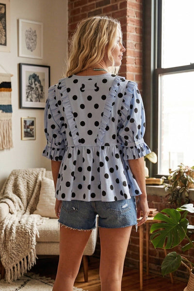 Ruffle Sleeve Polka Dot Babydoll Top: LT BLUE/BLACK / S - Lulu Bella Boutique