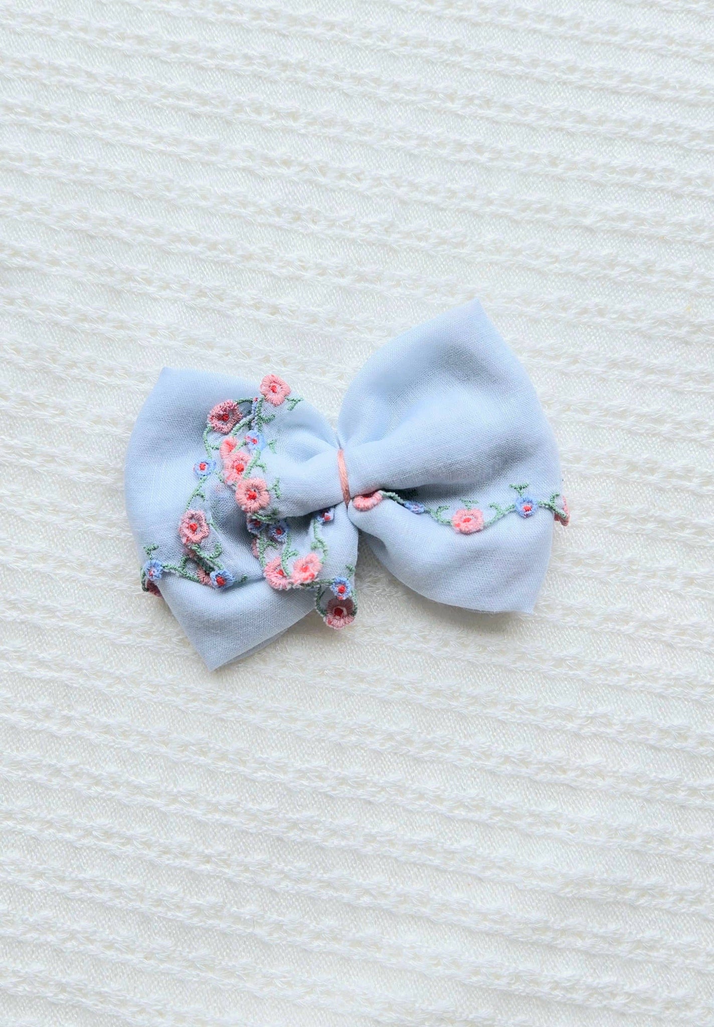 Vintage Handkerchief Bow on Clip •  Blue Embroidered Floral - Lulu Bella Boutique