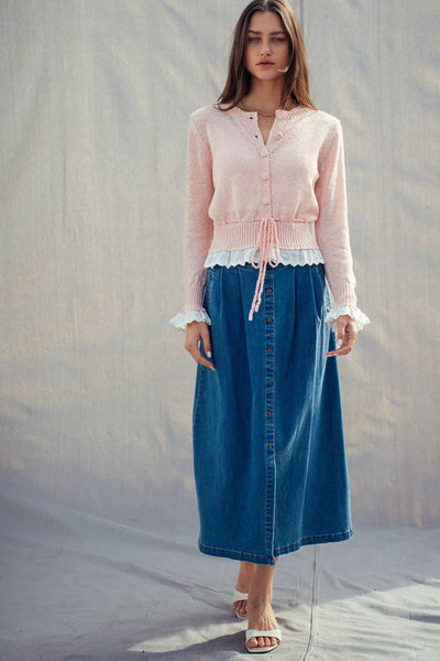 Button-Front Denim Midi Skirt: DENIM / S-2/M-2/L-2 - Lulu Bella Boutique