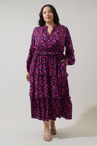 Turma Abstract Iveny Tiered Maxi Dress Curve: BURG-PINK