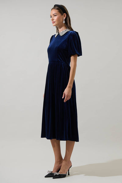 Francie Rhinestone Velvet Midi Dress: Navy