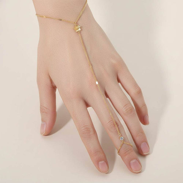 Delicate Flower Charm Accent Hand Chain Bracelet: Clear,Rhodium - Lulu Bella Boutique