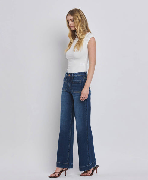 HIGH RISE PATCH POCKET TROUSER  HEM WIDE JEANS F5764D: DARK DENIM / 24 - Lulu Bella Boutique
