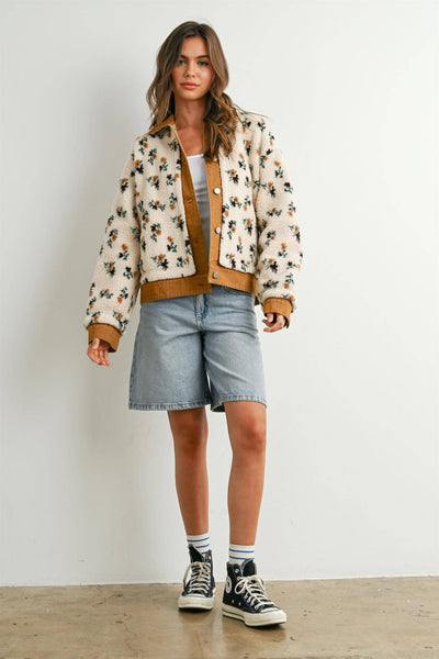 Floral Sherpa Fleece Snap Jacket with Twill Trim: CREAM / CAMEL