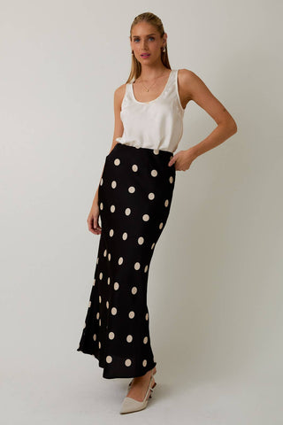 SATIN MIDI SKIRT IN POLKA DOT: BLACK-CREAM DOT / S - Lulu Bella Boutique