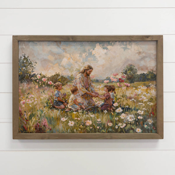 Jesus Christ with Children Meadow - Farmhouse Living Room : 12x18" Medium Canvas Art with Thick Wood Frame