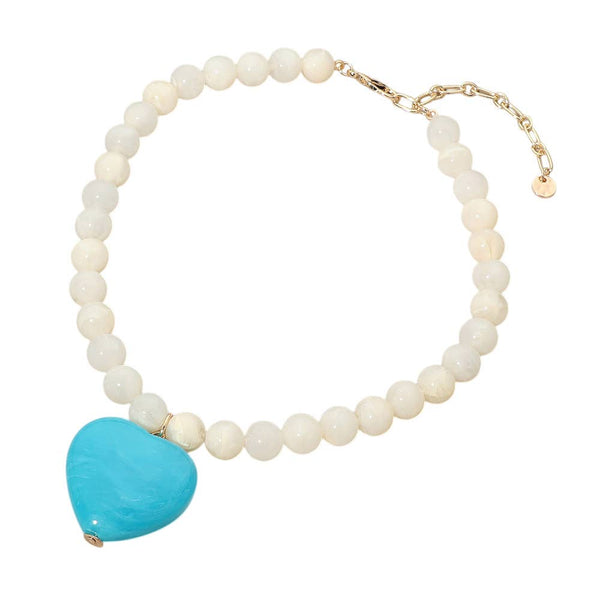 Chunky Marbled Resin Heart Charm Beaded Necklace: Ivory,Pink