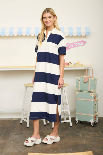 WIDE STRIPE COLLARED SHORT SLEEVE MIDI SHIRT DRESS: NAVY - Lulu Bella Boutique