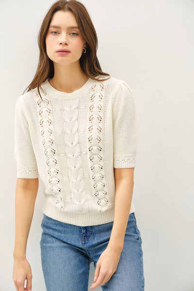 CHUNKY PUFF SHORT SLEEVE CABLE KNIT SWEATER: Ivory - Lulu Bella Boutique