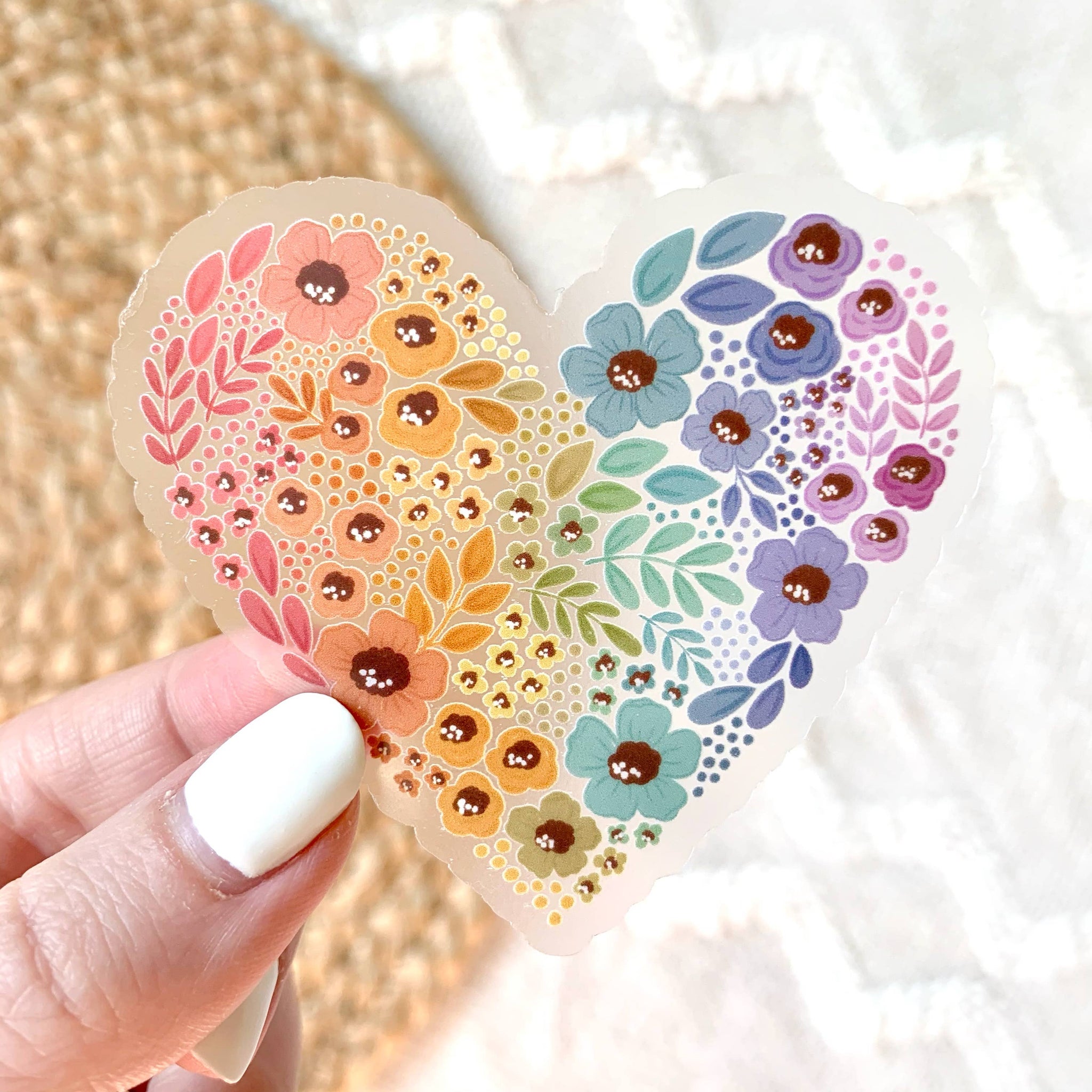 Clear Pride Rainbow Floral Heart Sticker 2.75x3in - Lulu Bella Boutique